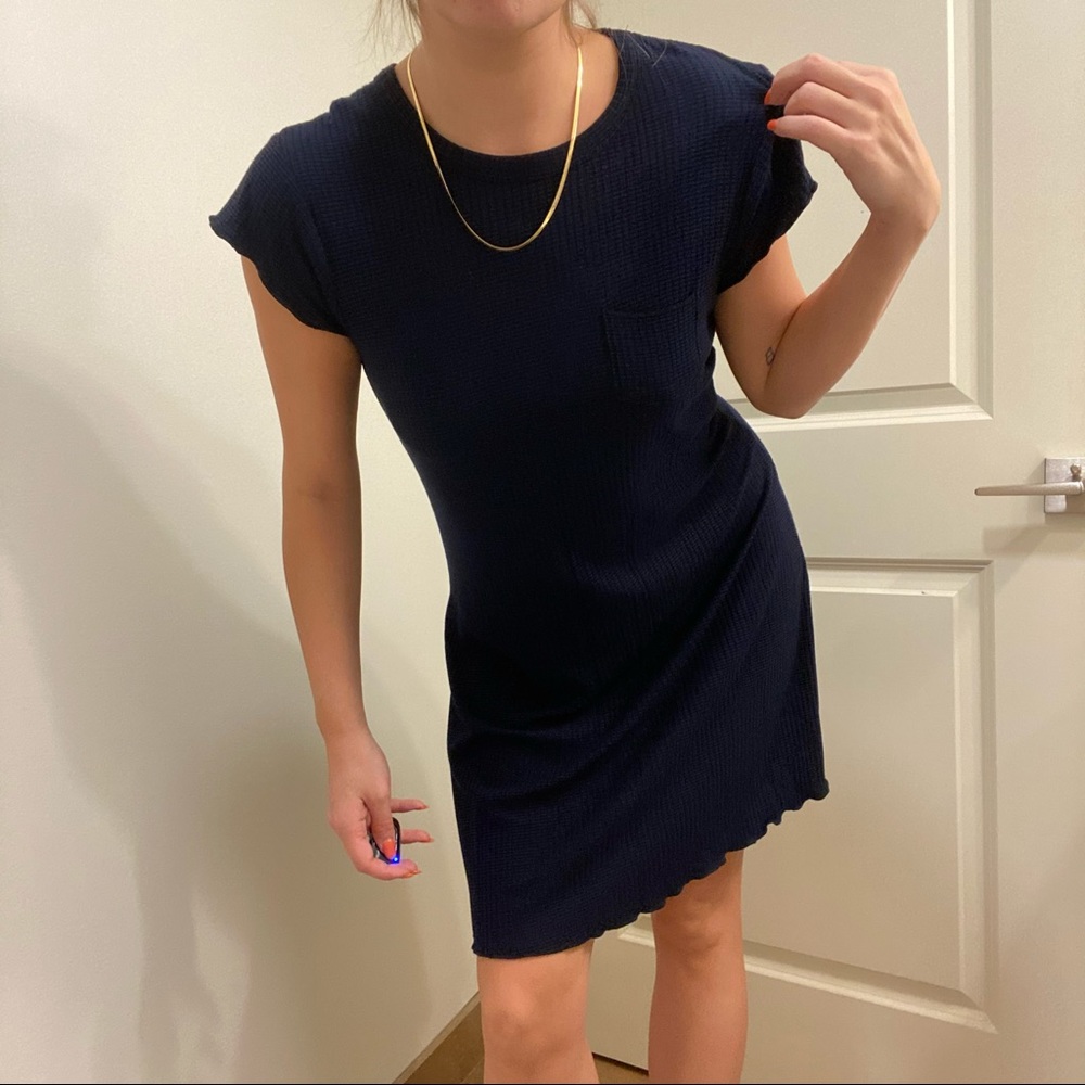 BDG Navy Blue and Black stripe tshirt dress with ruffle design
